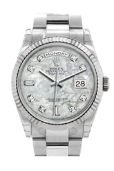 Rolex Day-Date 36 White Mother-Of-Pearl Set With Diamonds Dial Fluted Bezel Oyster Gold Watch 118239